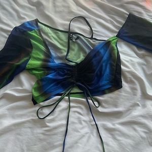 Motel Rocks Vibrant Blue and Green Long Sleeve Crop Top Shirt